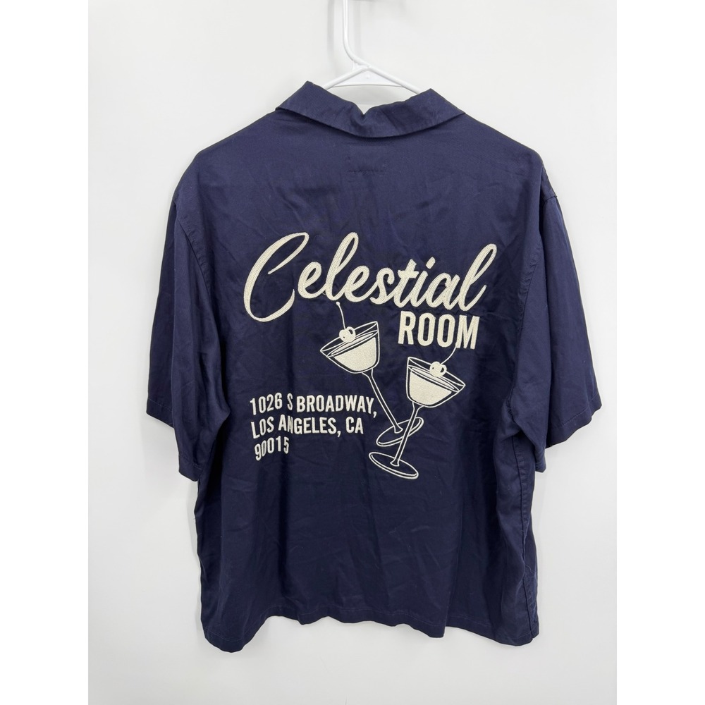 PacSun Celestial Room Button Down camp Shirt Mens Medium Navy Blue Embroidered